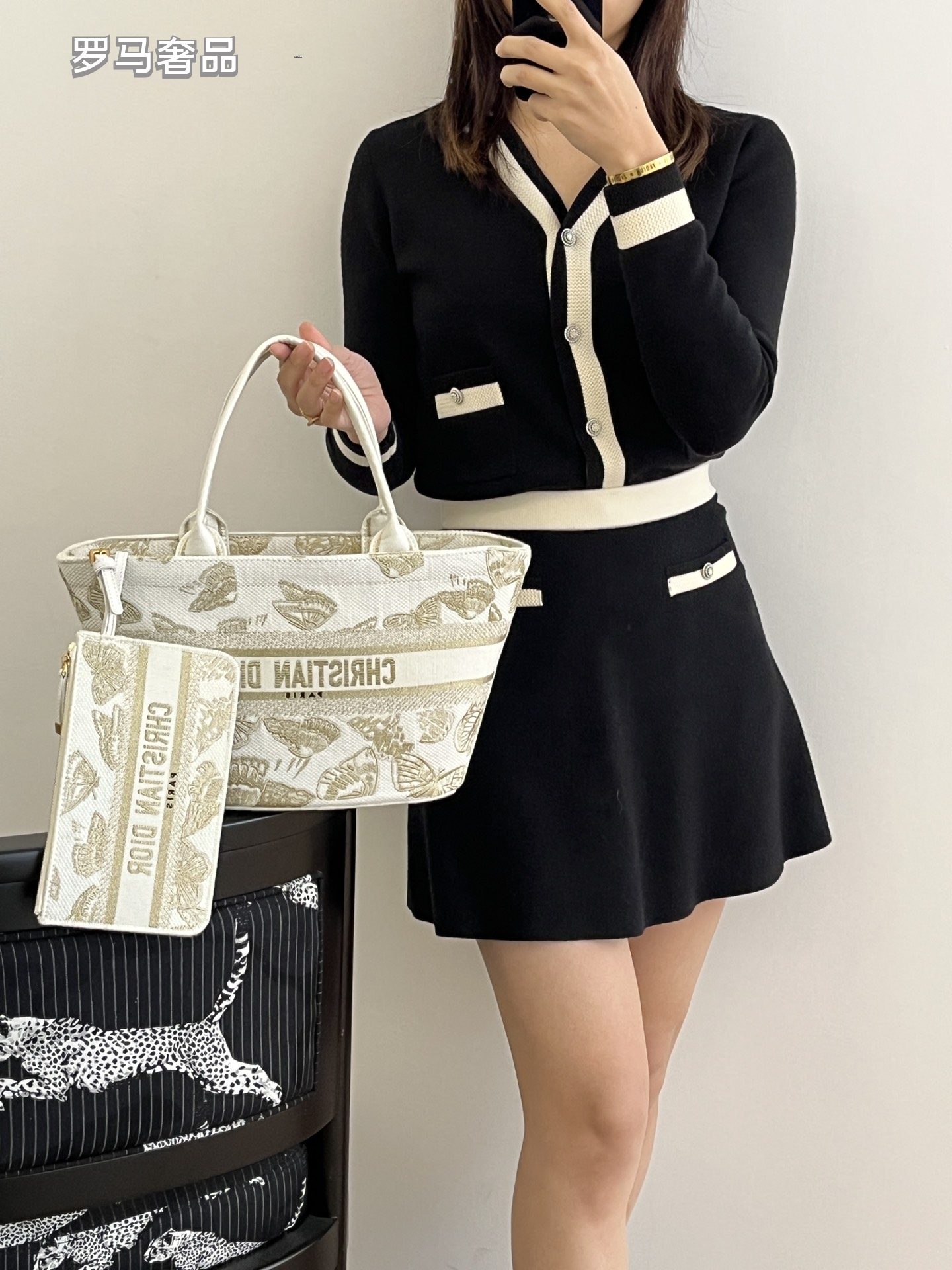 Dior Elegant Butterfly Embroidered Canvas Tote Handbag with Strap