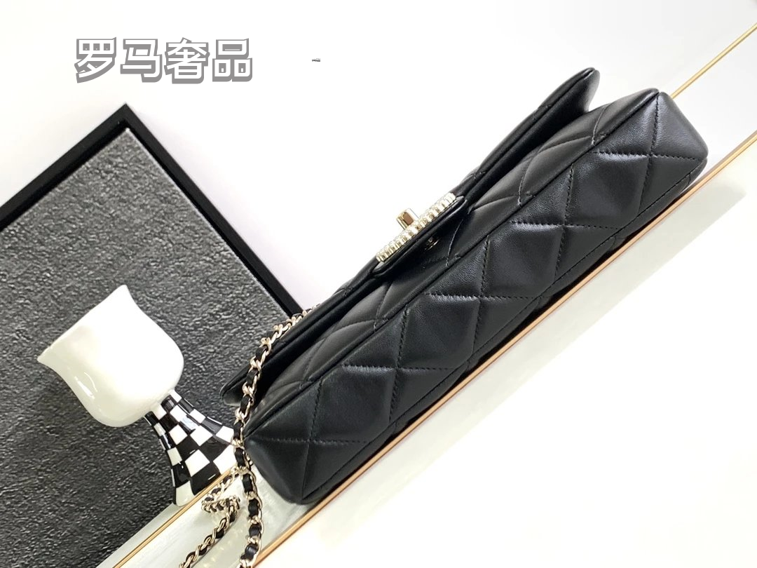 Black Quilted Leather Flap Bag with Crystal Interlocking Logo and Chain Strap