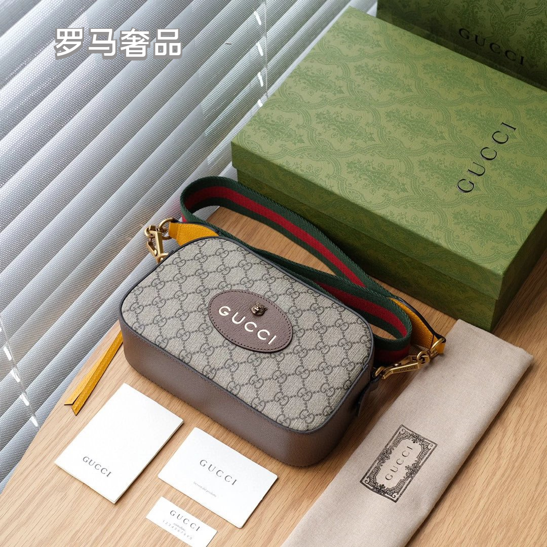 Gucci Retro Monogram Canvas Camera Crossbody Bag with Striped Strap