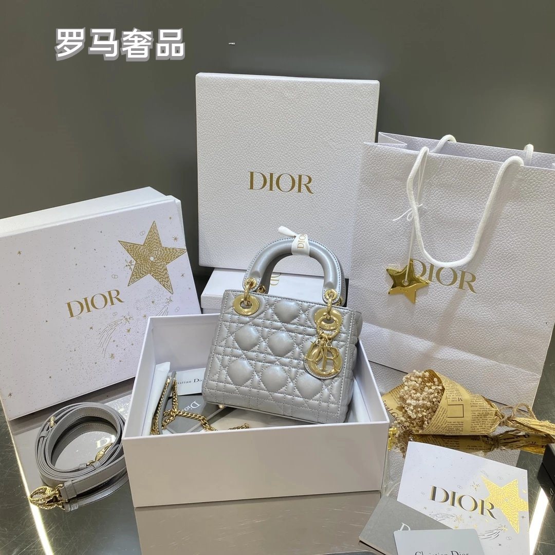 Dior Classic White Quilted Leather Mini Top Handle Bag with Silver Hardware