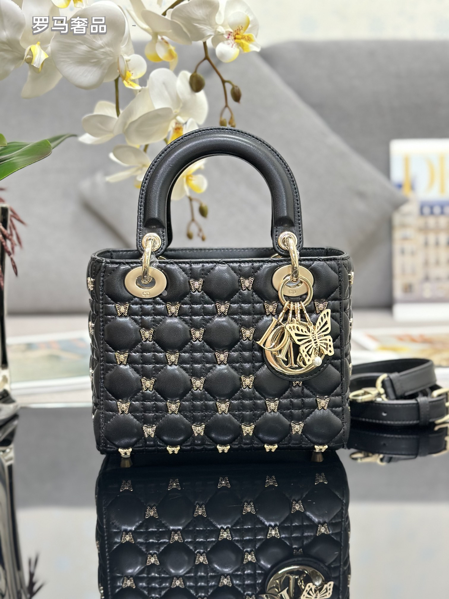 Dior Luxury Black Quilted Leather Handbag with Gold Butterfly Charm