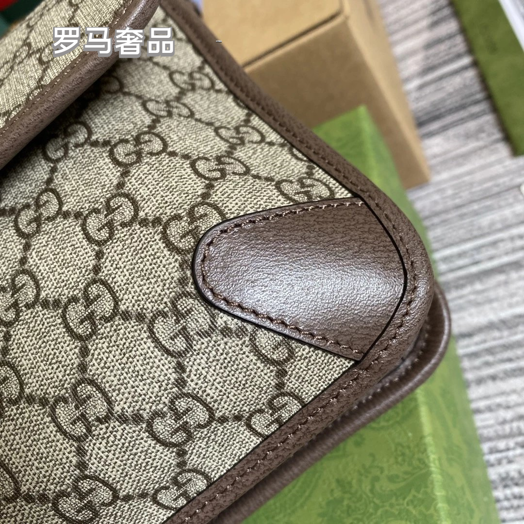 Gucci Vintage Monogram Canvas Crossbody Bag with Web Strap and Leather Trim
